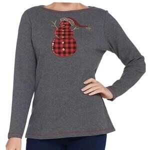 Quacker Factory Waffle Knit Top Size 1X Plaid Motif Detail Charcoal Gray Snowman